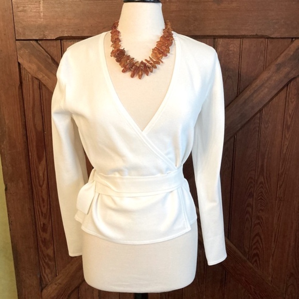 DVF DIANE VON FURSTENBERG STRETCH KNIT " LINDA" WHITE WRAP long sleeve BLOUSE M